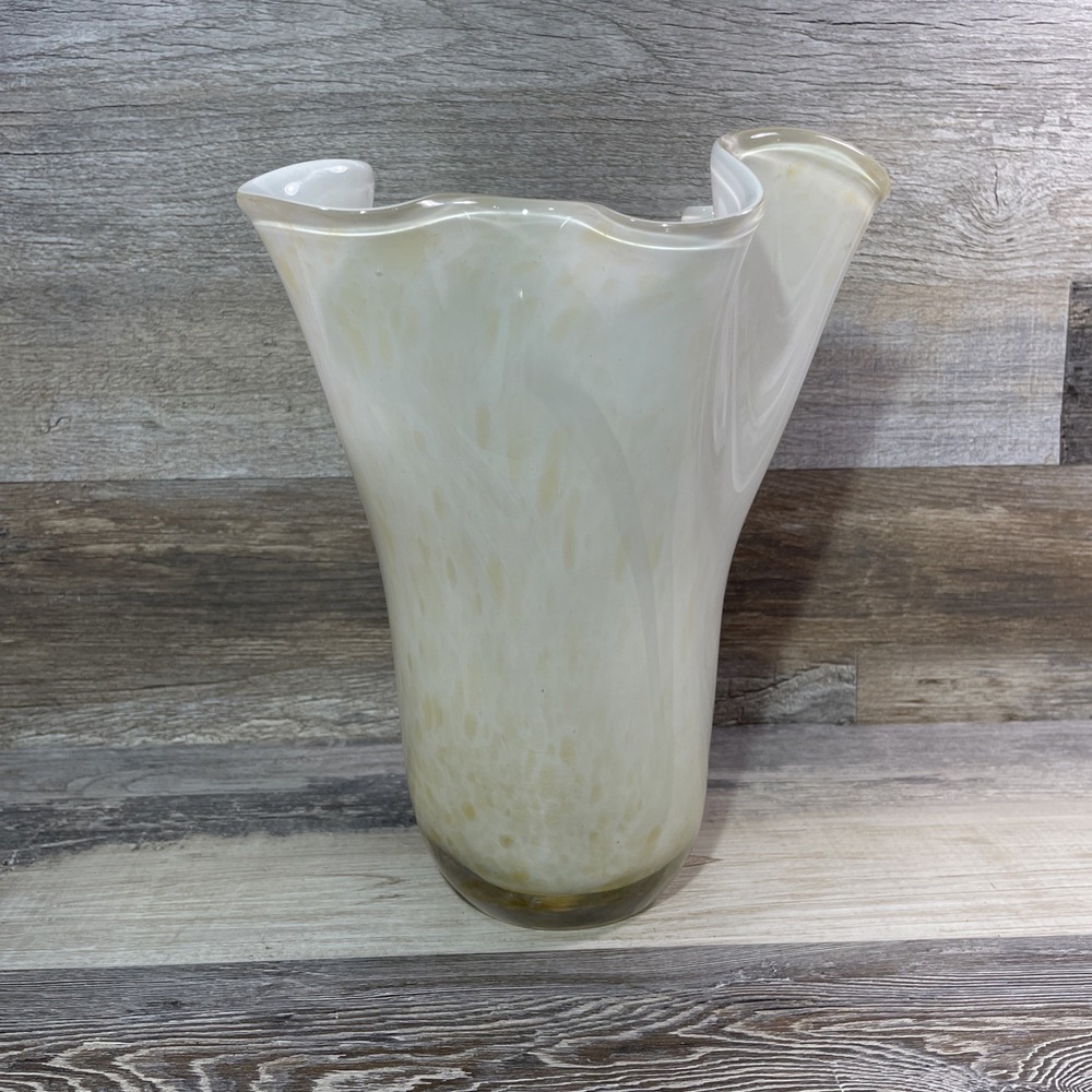 ART GLASS RUFFLED TOP VASE Yellow White Unmarked MCM Abstract Art